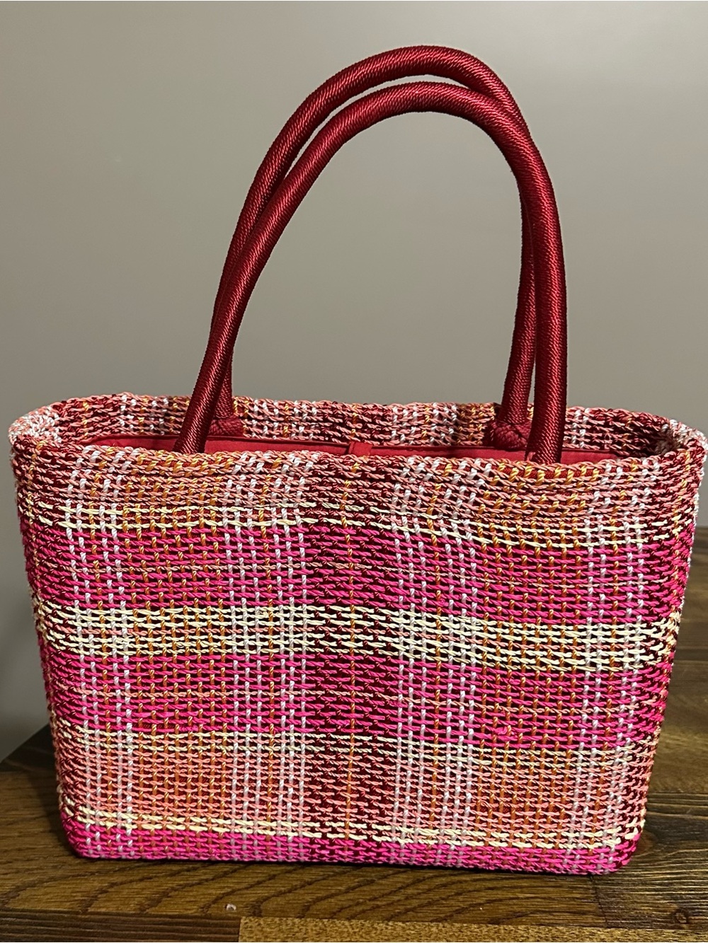 The Sak Pink Plaid Woven Tote with Burgundy Handles